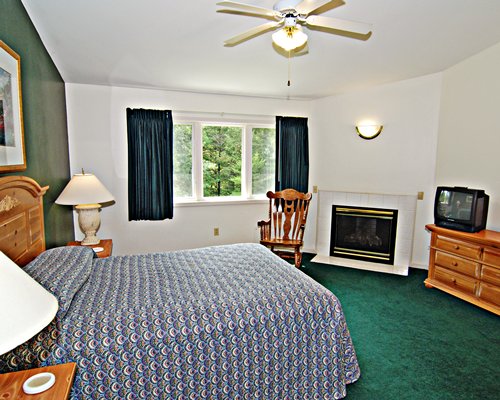 A well furnished bedroom with a queen bed television and fireplace.