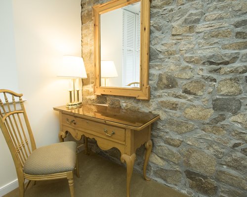 A view of the wooden vanity.