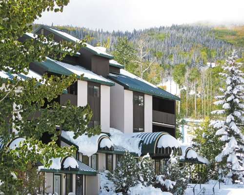 Exterior view of the resort covered in snow.