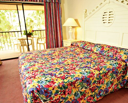 A well furnished bedroom with king bed and an outside view.
