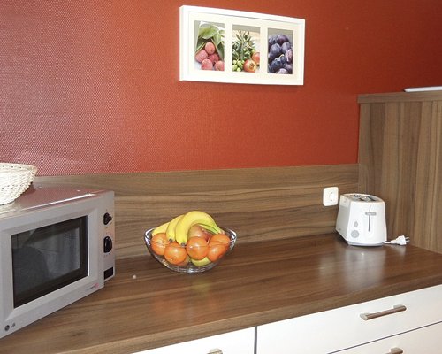 A view of fruits in a bowl with microwave oven and toaster.