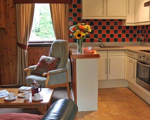 A well furnished living room with an open plan kitchen and outside view.