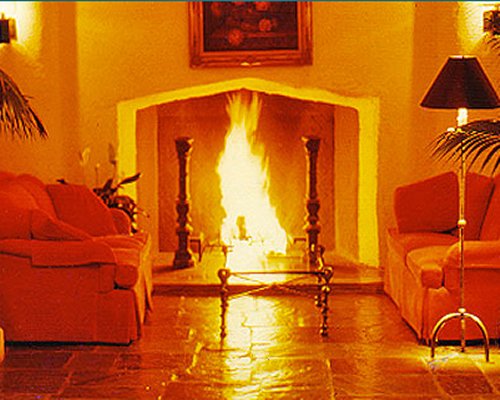 A well furnished living room with a fire in the fireplace.