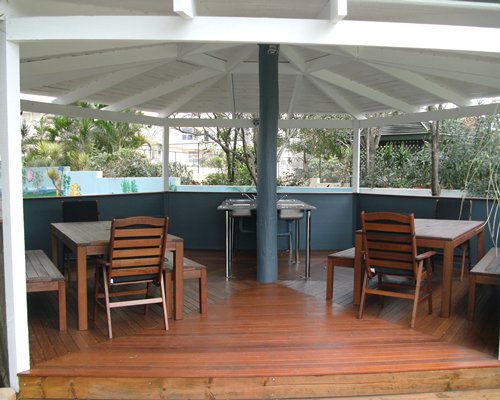 A view of an outdoor dining area.