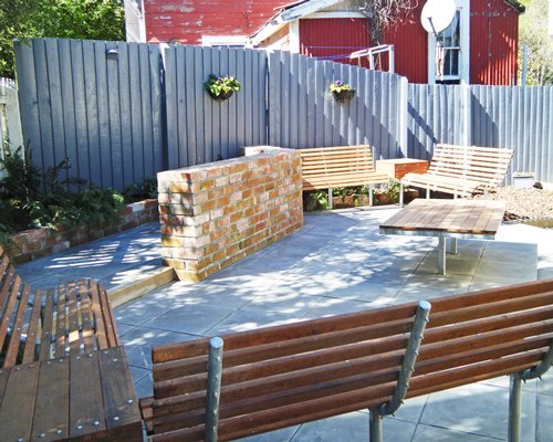 An outdoor recreational area alongside resort unit.