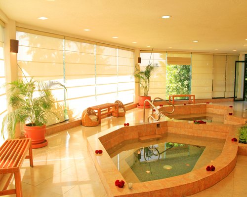 An indoor hot tub with an outside view.