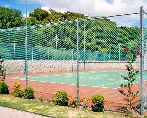 An outdoor view of the tennis court.