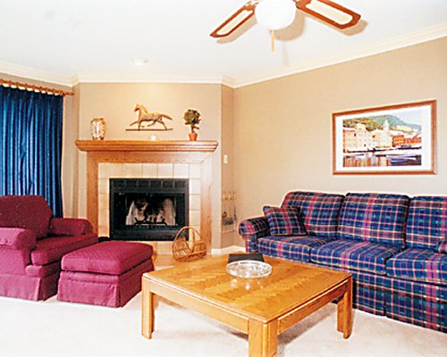 A well furnished living room with fireplace.