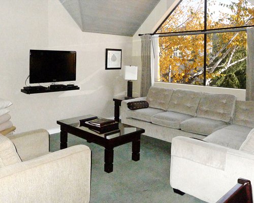 A well furnished living room with television sofas and an outside view.