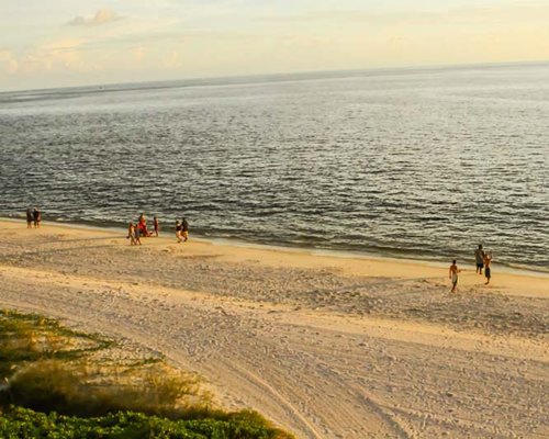 A view of the beach alongside the ocean.