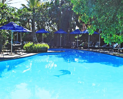 An outdoor swimming pool with patio furniture and sunshades surrounded by wooded area.