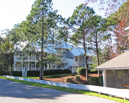 A street view of multi story resort units.