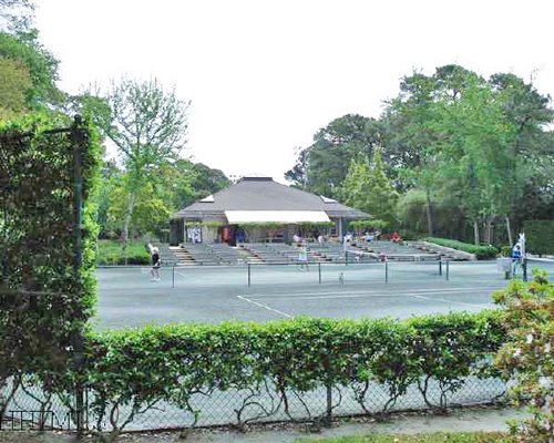 A scenic outdoor tennis court surrounded by wooded area.