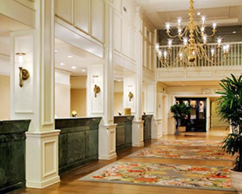 Reception area with an indoor balcony.