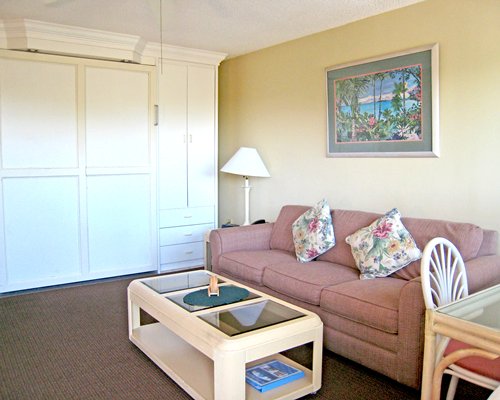 A well furnished living room with double pull out sofa.