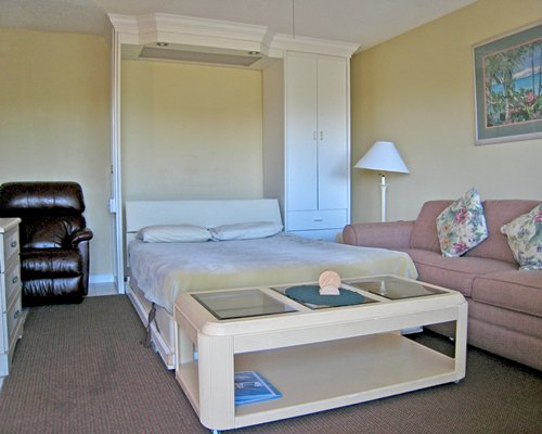 A furnished living room with a double pull out sofa and bed.