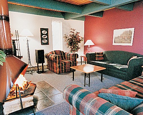 A well furnished living room with fire in the fireplace.