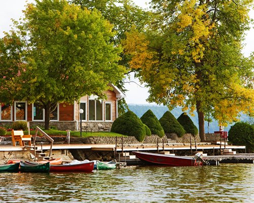 Scenic exterior view of the Calabogie Lodge Resort alongside a marina.