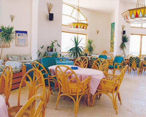 Indoor restaurant with outside view.