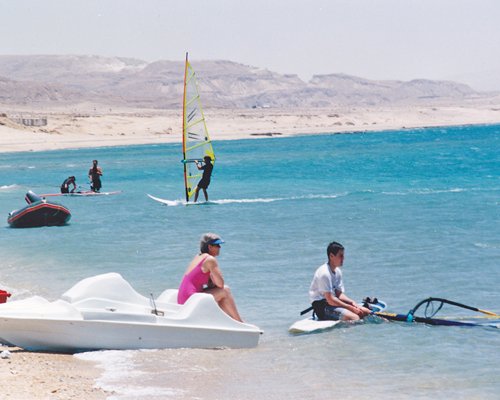 View of people windsurfing.