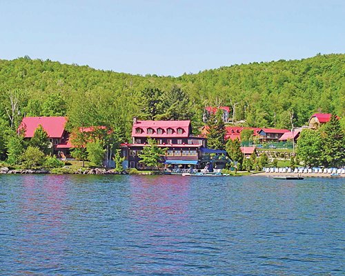 Scenic exterior view of the resort from the lake.