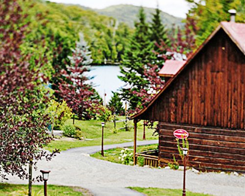 A street view of resort unit surrounded by trees alongside the waterfront.