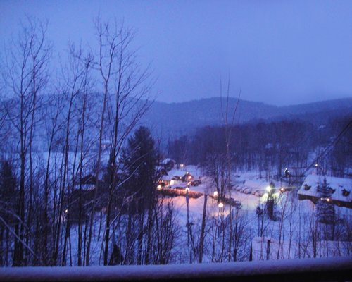 An exterior view of a resort property surrounded by pine trees at night.