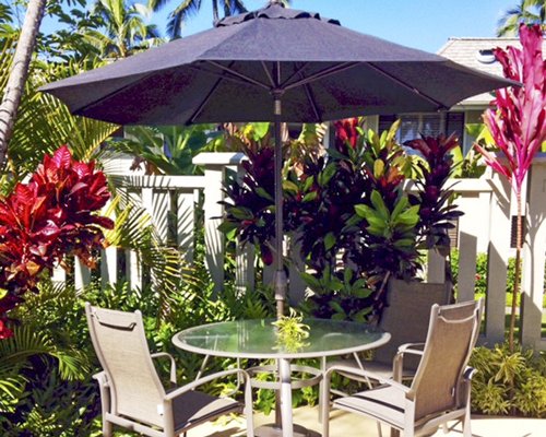 An exterior scenic landscape with patio furniture.