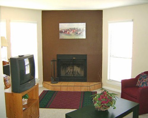 A well furnished living room with fireplace and television.