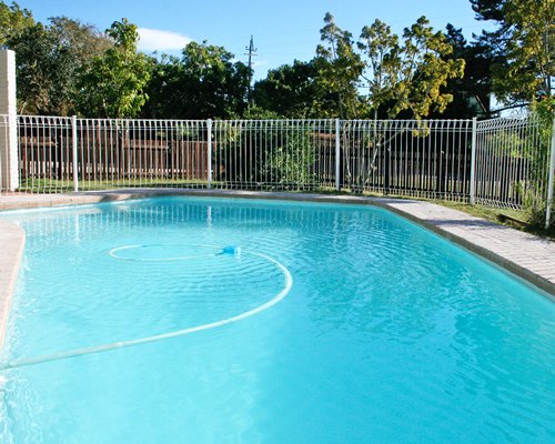 Outdoor swimming pool surrounded by wooded area.