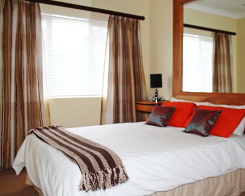 A well furnished bedroom with an outside view.