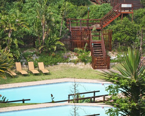 An outdoor swimming pool with chaise lounge chairs alongside trees and a wooden staircase.
