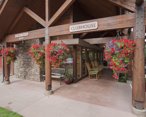 The entrance of the clubhouse and fitness center at Rams Horn Village Resort.