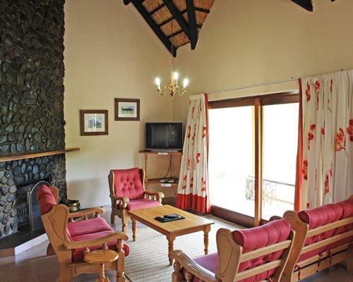 A well furnished living room with a television and fireplace.