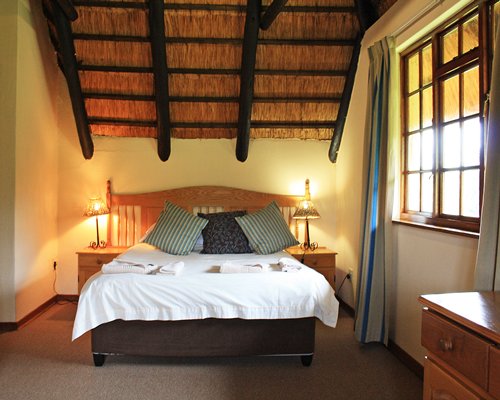 A well furnished bedroom with an outside view.