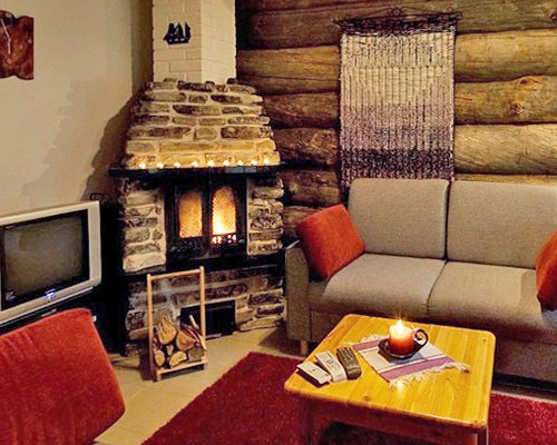 A well furnished living room with television and fire in the fireplace.