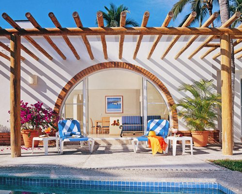 An exterior view of resort lounge area.