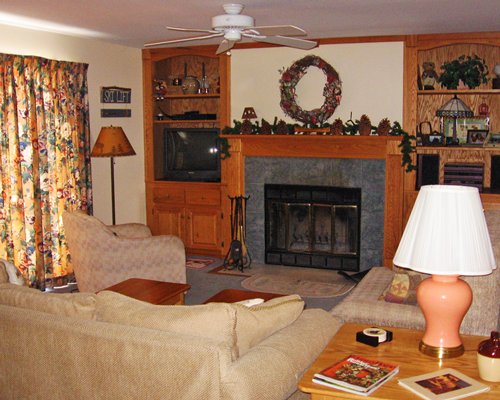 A well furnished living room with a pull out sofa and a fireplace.