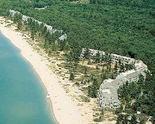 An aerial view of the beach and the resort surrounded by wooded area.