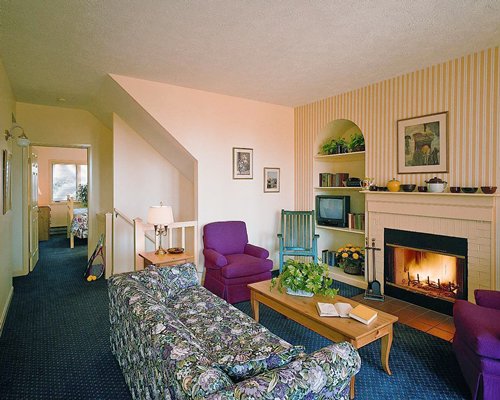A well furnished living room with a television and fire in the fireplace.