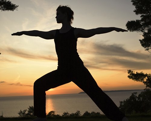 A person doing yoga at dusk.