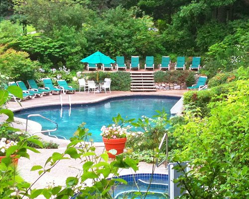 An outdoor swimming pool with hot tub and chaise lounge chairs surrounded by trees.