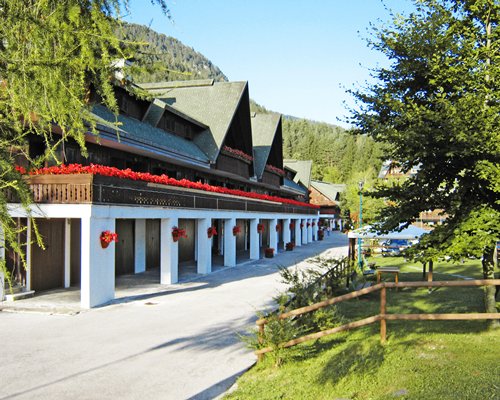 An exterior view of multiple resort units.