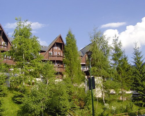 Exterior view of the multi story condo with pine trees.