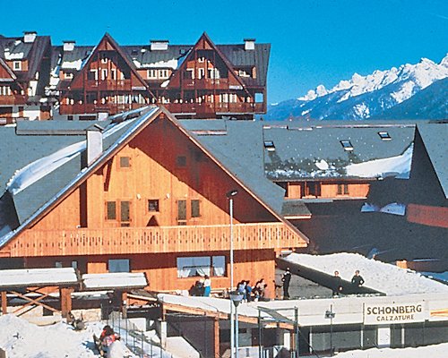 Exterior view of the resort at snow.