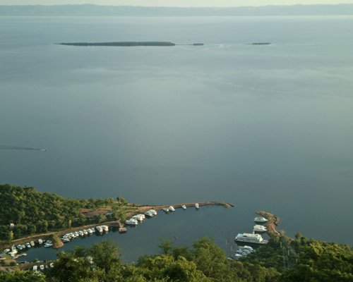 An aerial view of a marina alongside the lake.