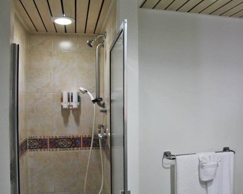 A bathroom with a shower.