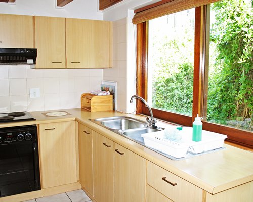 A well equipped kitchen with an outside view.
