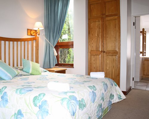 A well furnished bedroom with an outside view.