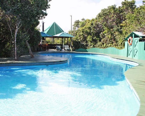 A scenic outdoor swimming pool.